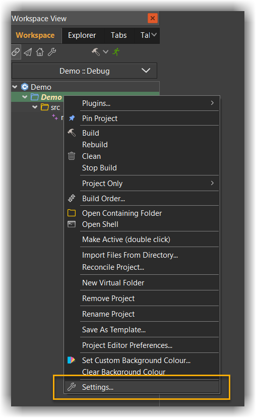 project settings menu